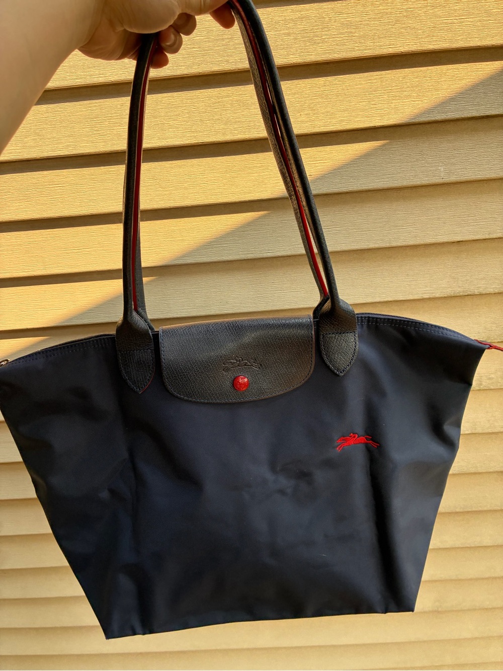 Longchamp Black Nylon Tote with Red Trim